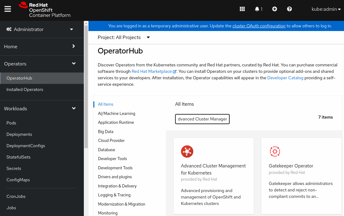 Install the RHACM operator – import an existing cluster – Deploy a new cluster